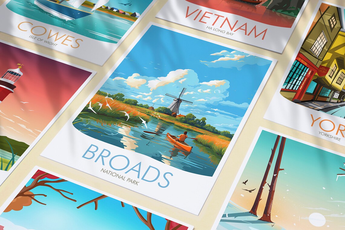 Broads National Park Windmill Canoe Reeds Wetland Scenic Travel Poster - Image 3