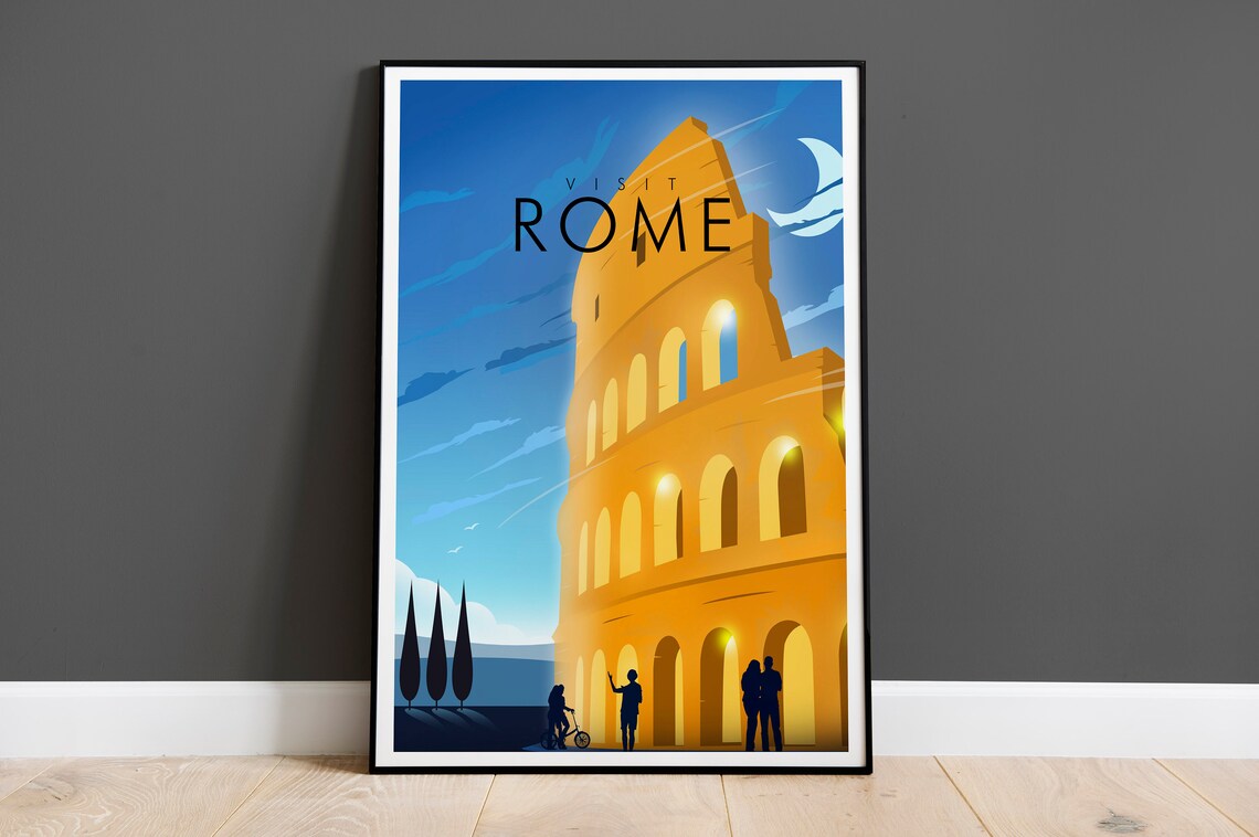 Visit Rome Italy Colosseum Golden Night Crescent Moon Poster