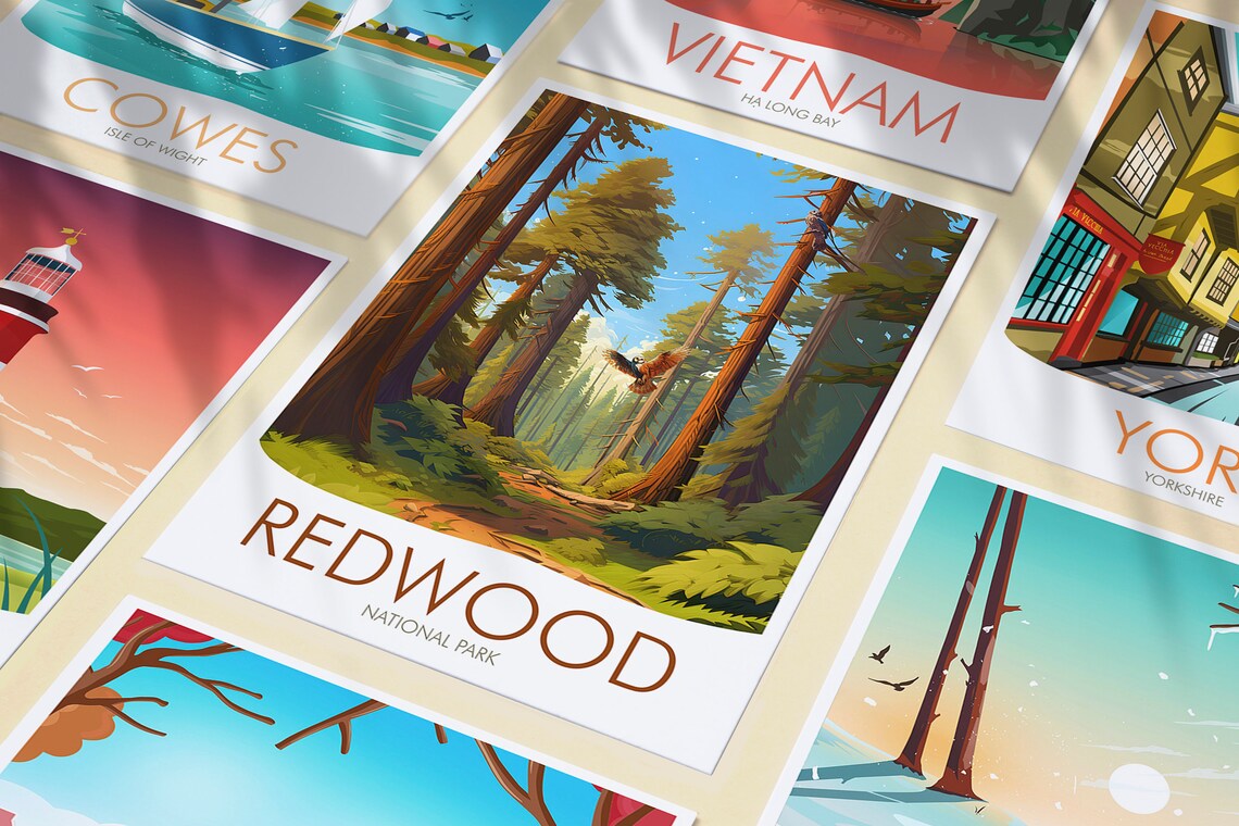 Redwood National Park Towering Trees Forest Path Bird Sky California Travel Poster - Image 3