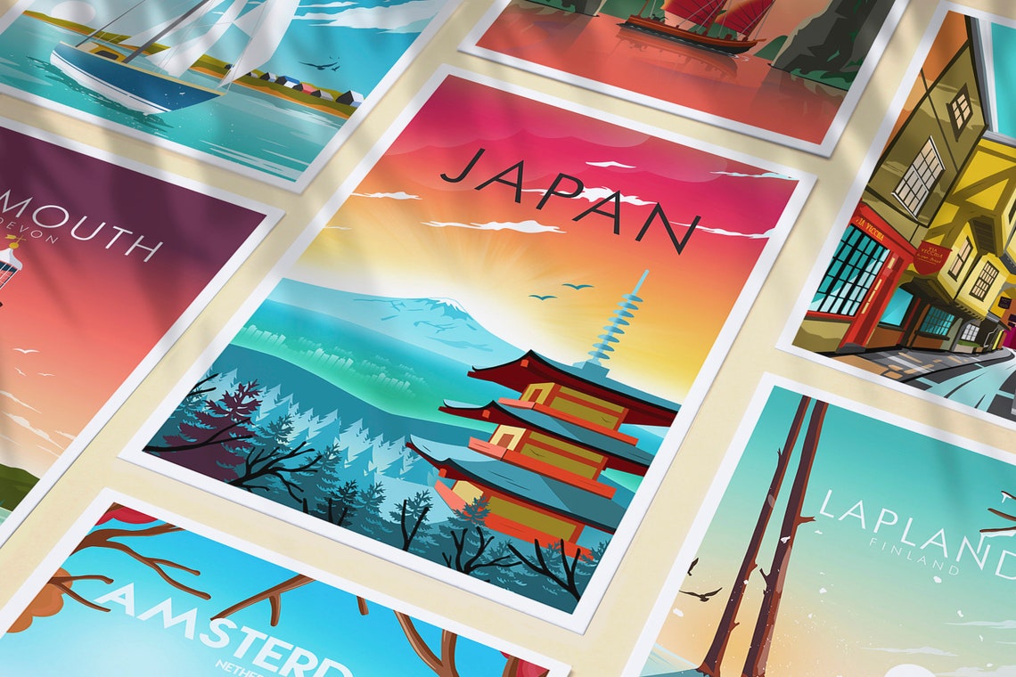 Japan Mount Fuji Pagoda Temple Sunset Colorful Sky Travel Poster - Image 3