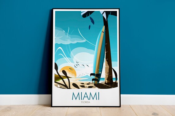 Miami Florida Surfboard Beach Sunrise Palm Tropical Surf Art Poster
