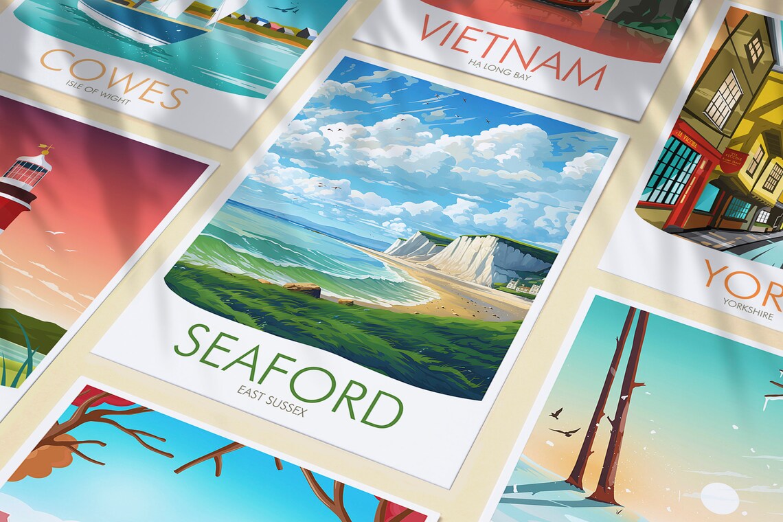 Seaford East Sussex White Chalk Cliffs Coastal Beach View Poster - Image 3