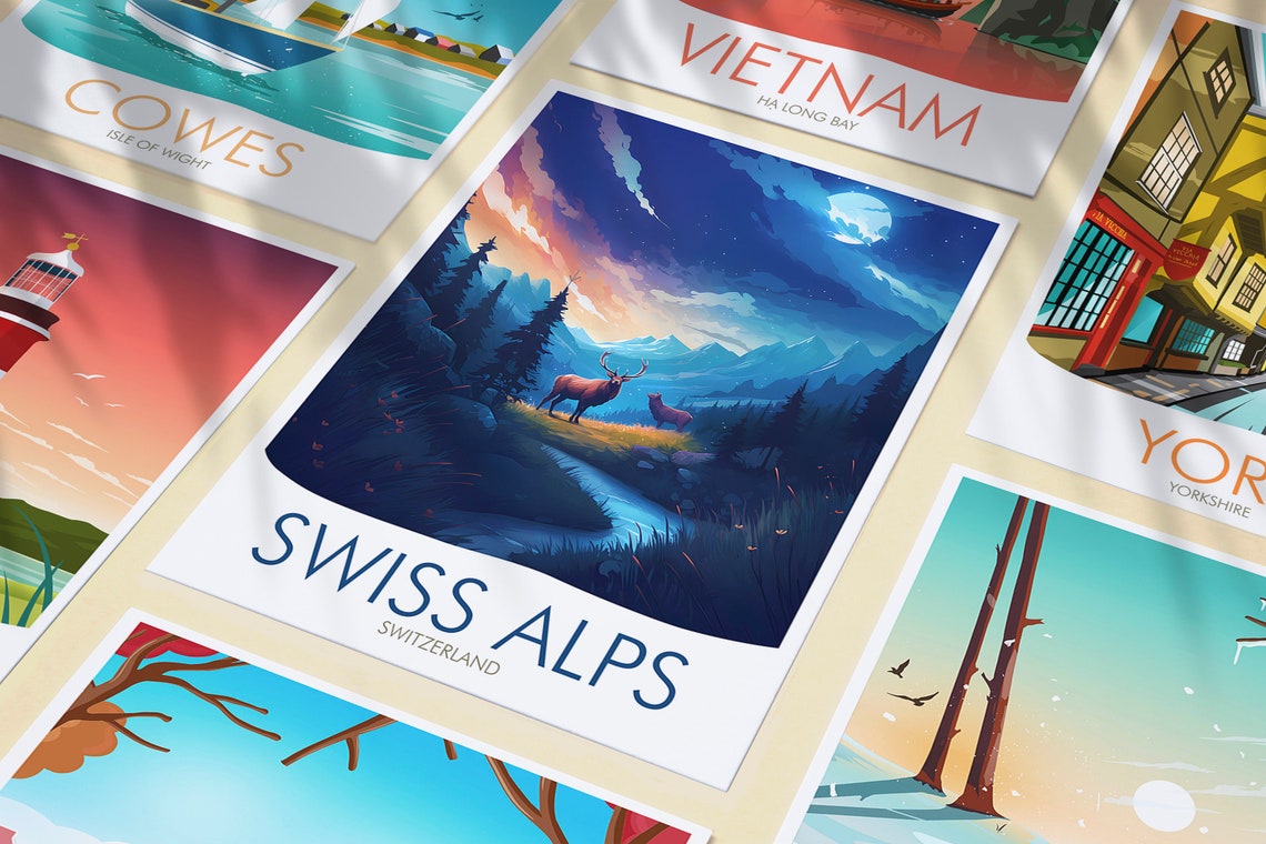 Swiss Alps Switzerland Moonlit Stags Mountain Night Sky Poster - Image 3