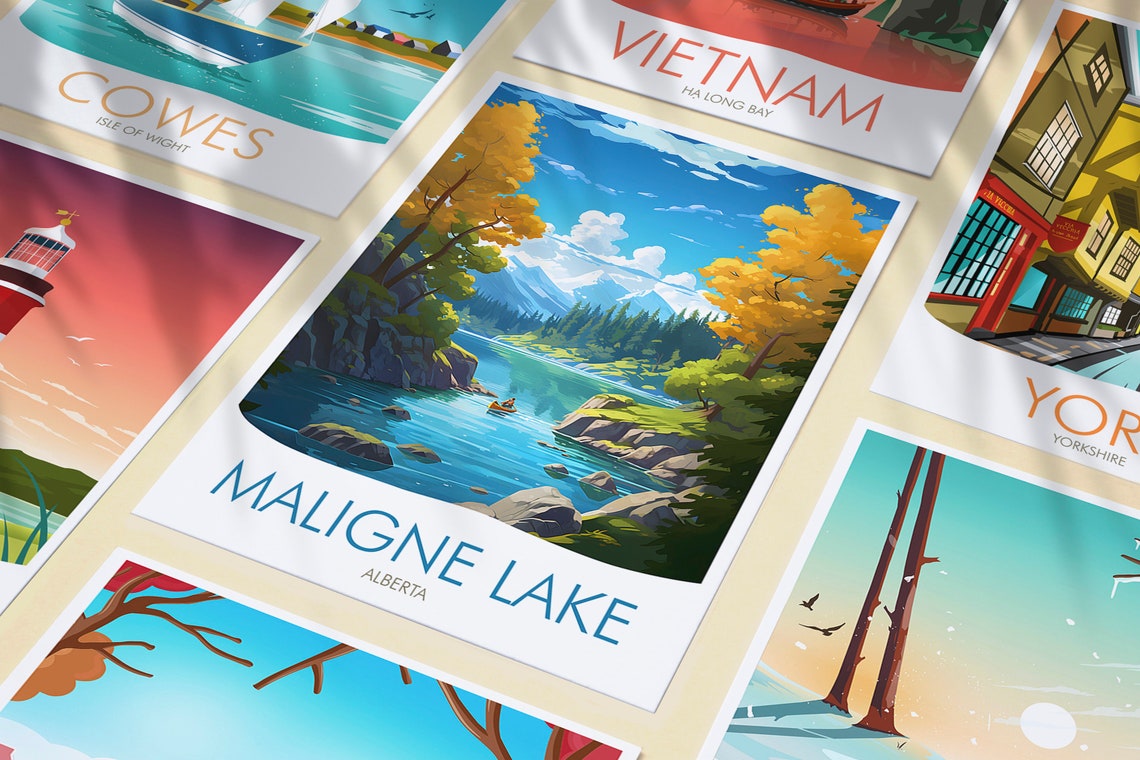 Maligne Lake Alberta Turquoise Water Kayak Mountain Scene Poster - Image 3
