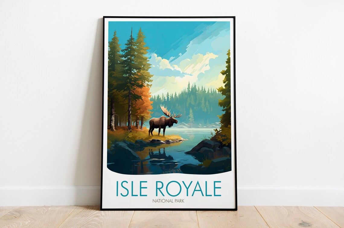 Isle Royale National Park Michigan Moose Lakeside Wildlife Travel Poster - Image 2