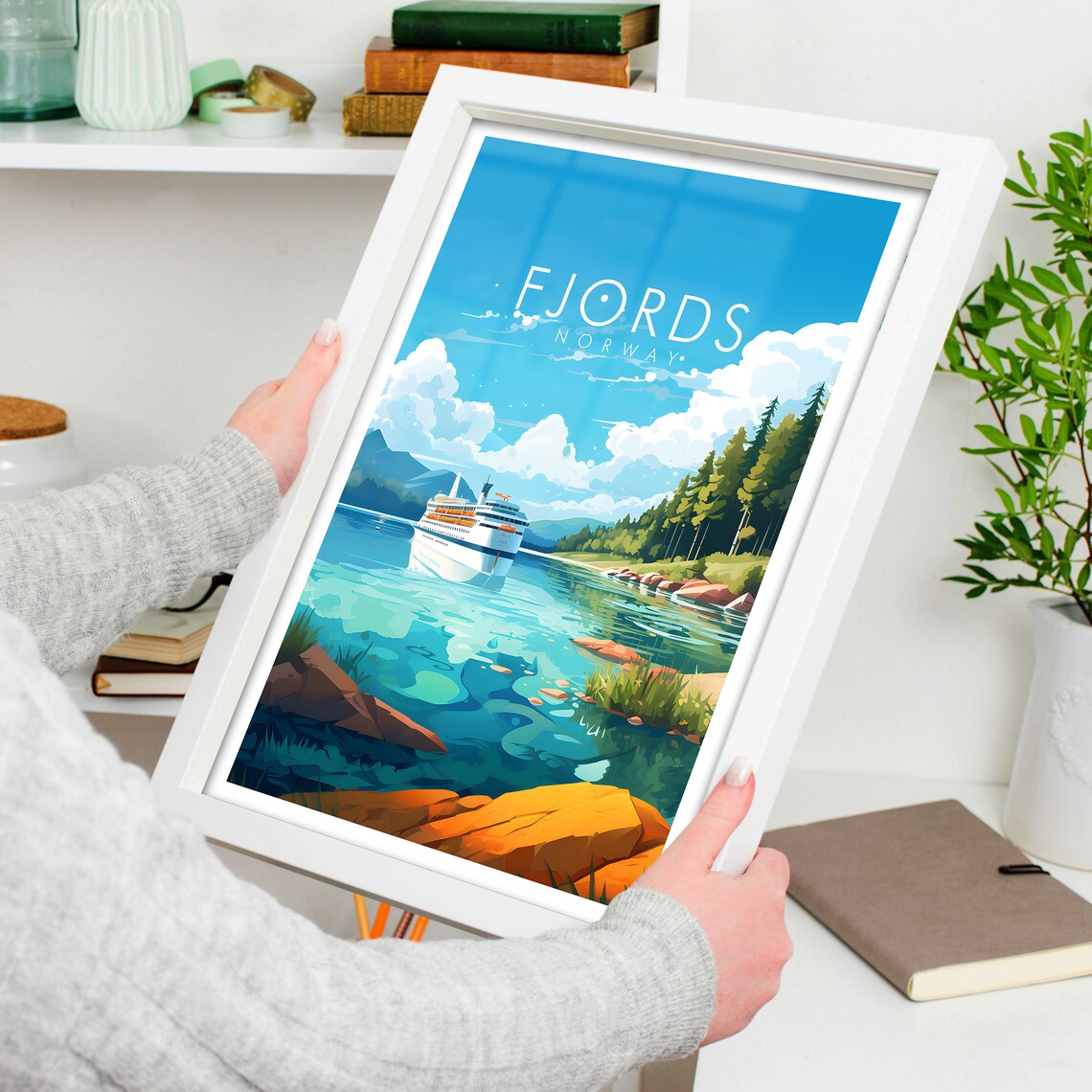 Norway Fjords Forested Shores and Cruise Ship Scene View Poster - Image 4