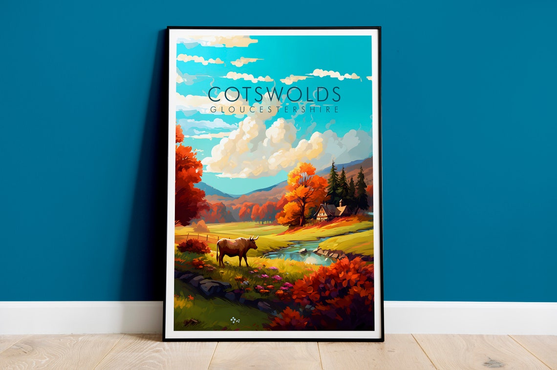 Cotswolds Gloucestershire Autumn Valley Cottage Stream Travel Poster