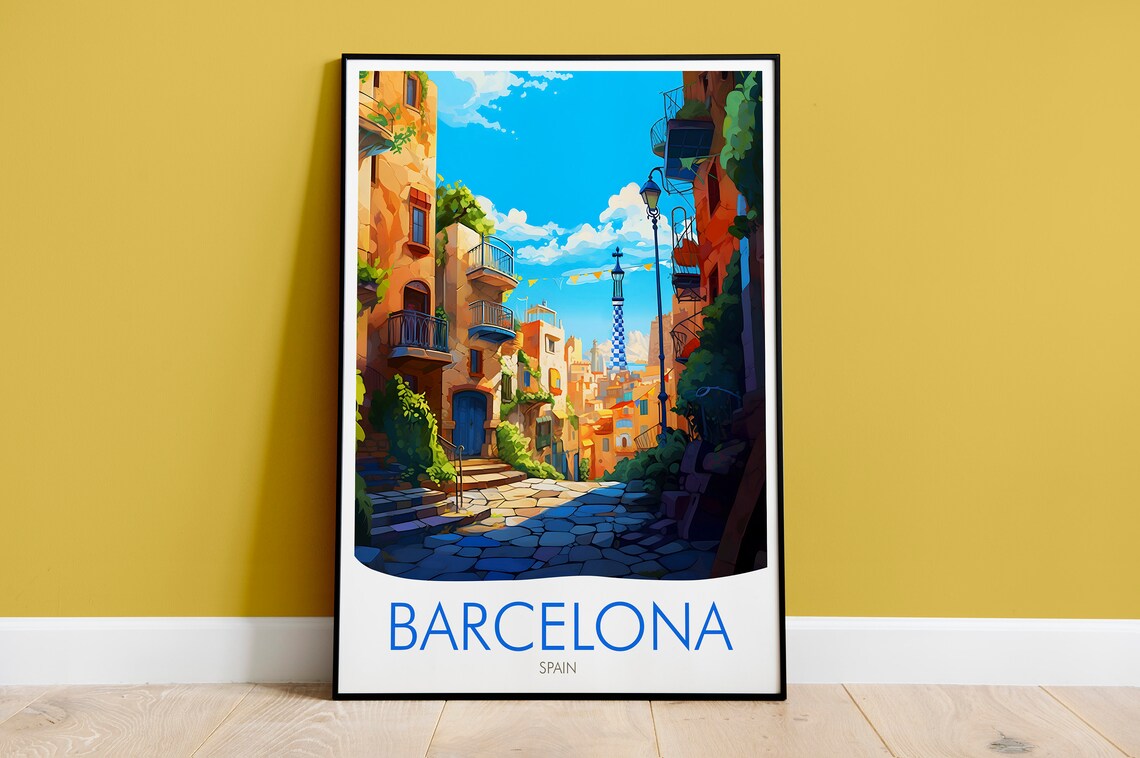 Barcelona Spain Sunlit Alley Historic Balconies Vintage Travel Poster