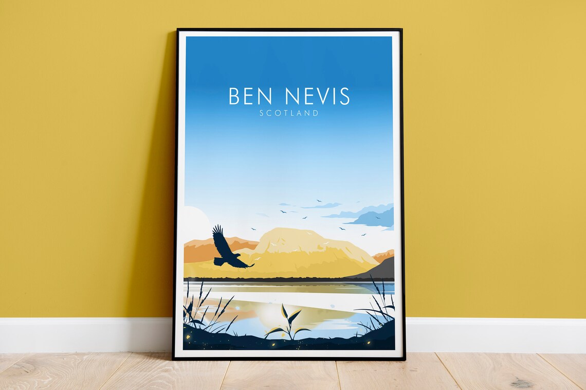 Ben Nevis Scotland Eagle Lake Golden Mountain Peak Travel Poster