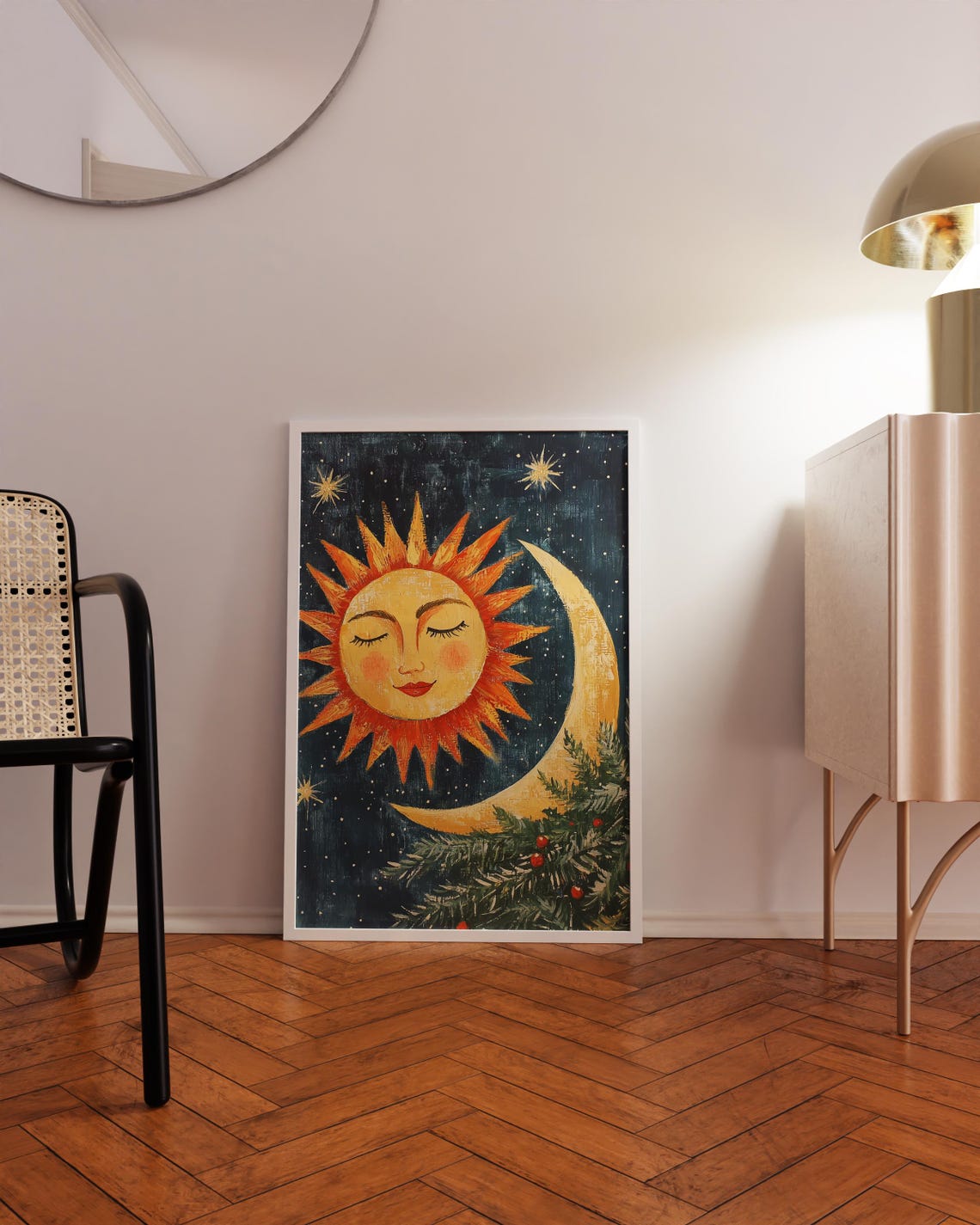Celestial Sun And Moon Night Sky Pine Branch Folk Art Poster - Image 3