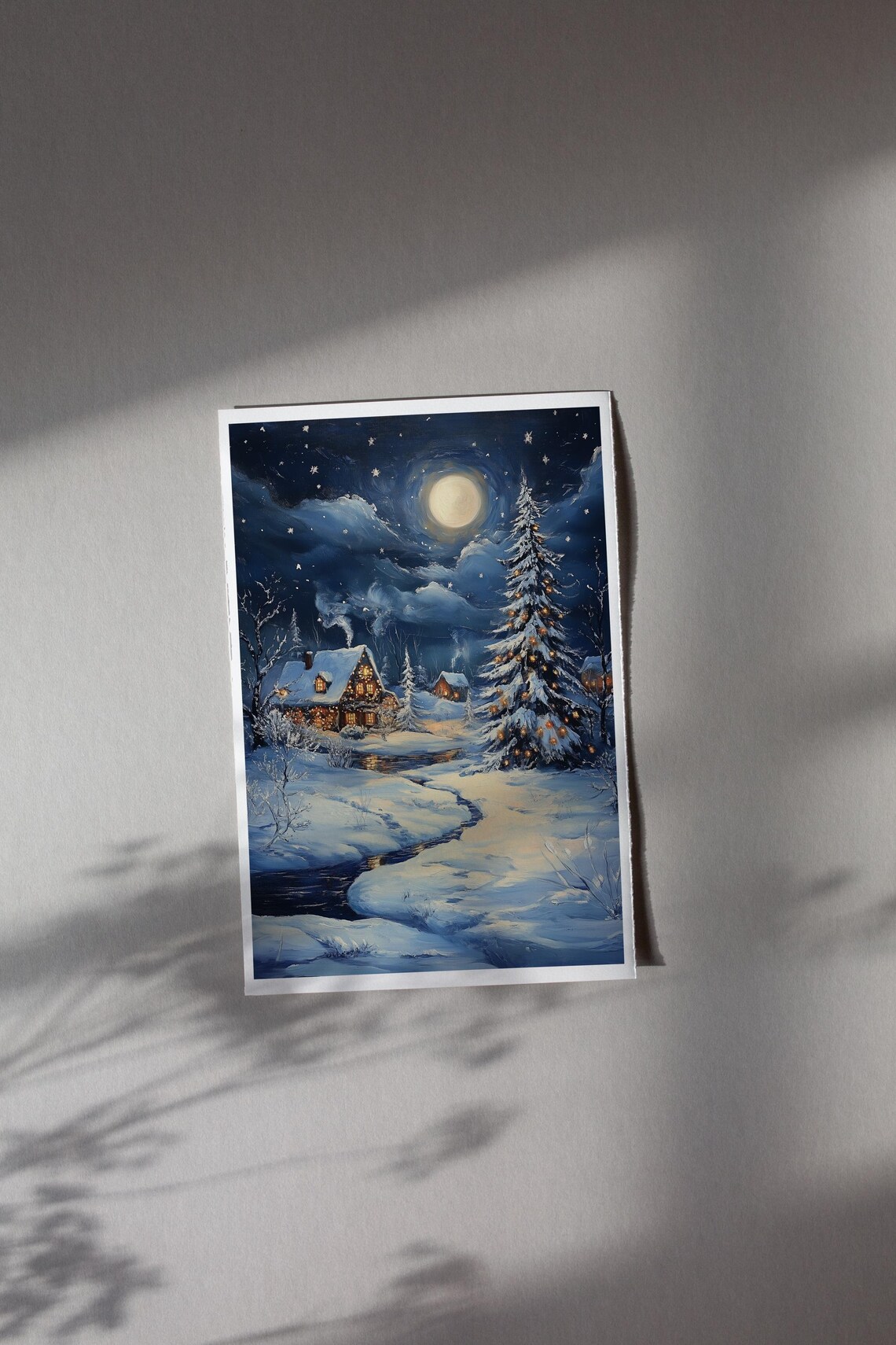 Moonlit Snowy Christmas Village Dreamy Winter Night Scene Poster