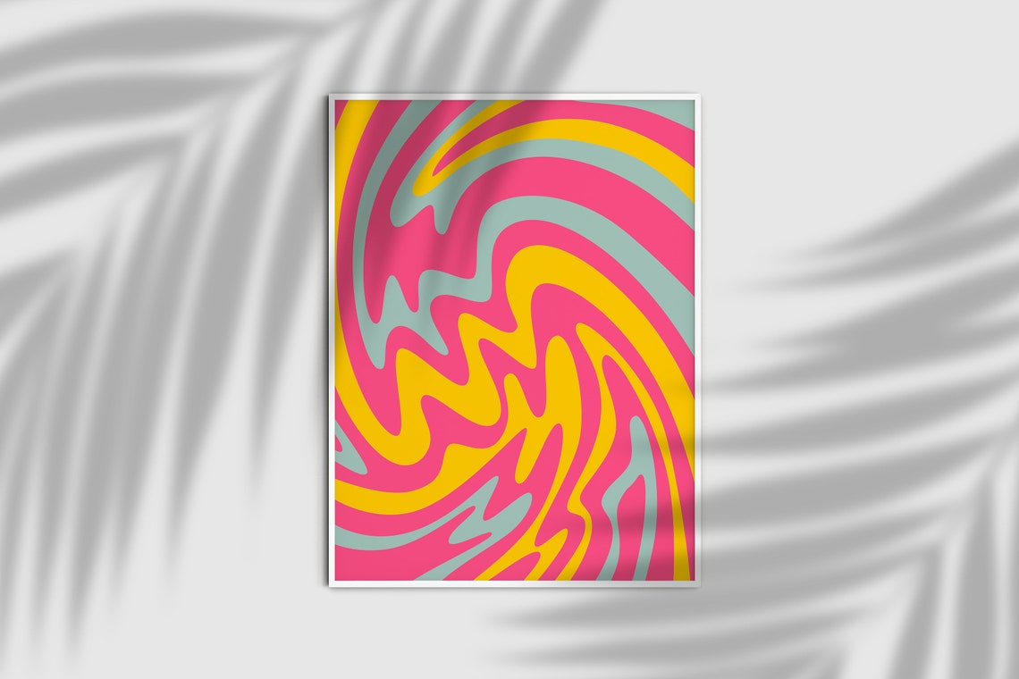 Retro 70s Groovy Pink Yellow Teal Wavy Swirl Abstract Poster - Image 2