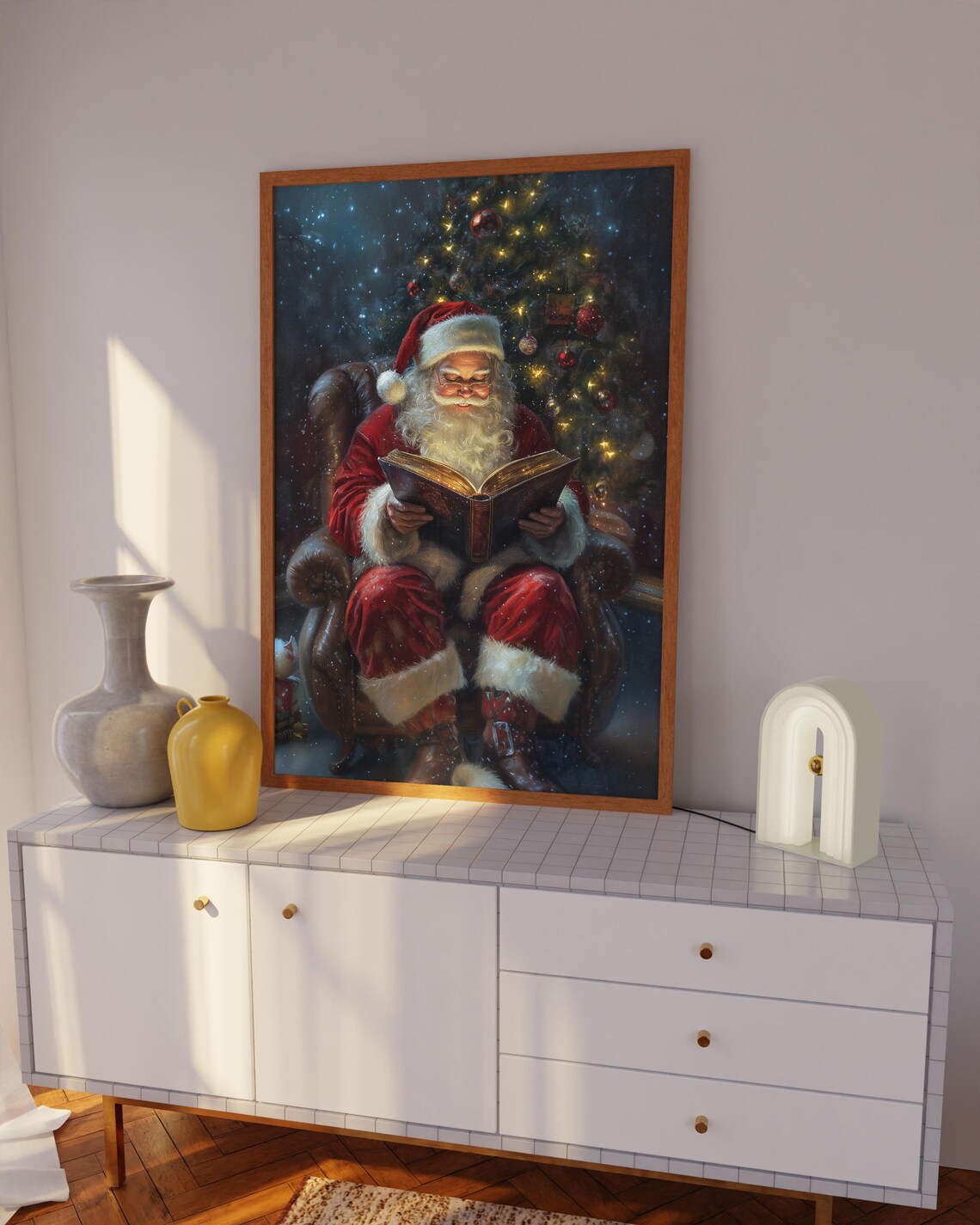 Vintage Santa Claus Reading Book Armchair Starry Night Tree Poster - Image 2