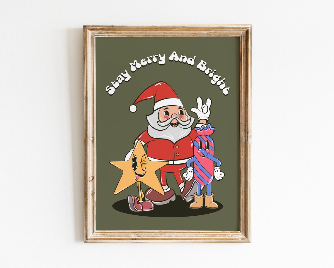 Stay Merry And Bright Retro Santa Cartoon Christmas Holiday Poster - Image 2