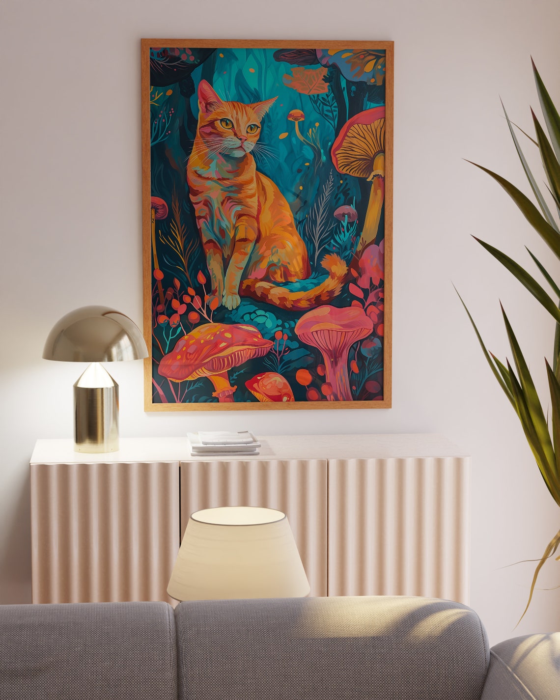 Orange Tabby Cat in Mushroom Forest Psychedelic Artwork Poster - Image 3