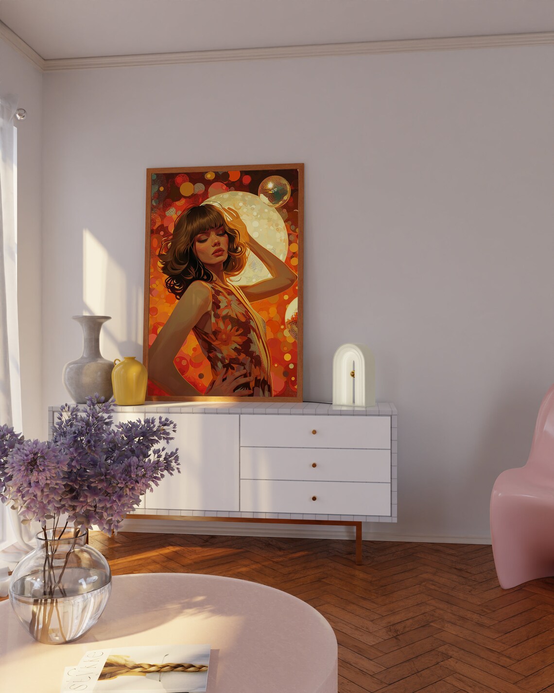 Disco Dancing Woman in Floral Dress Retro Nightlife Art Poster - Image 2