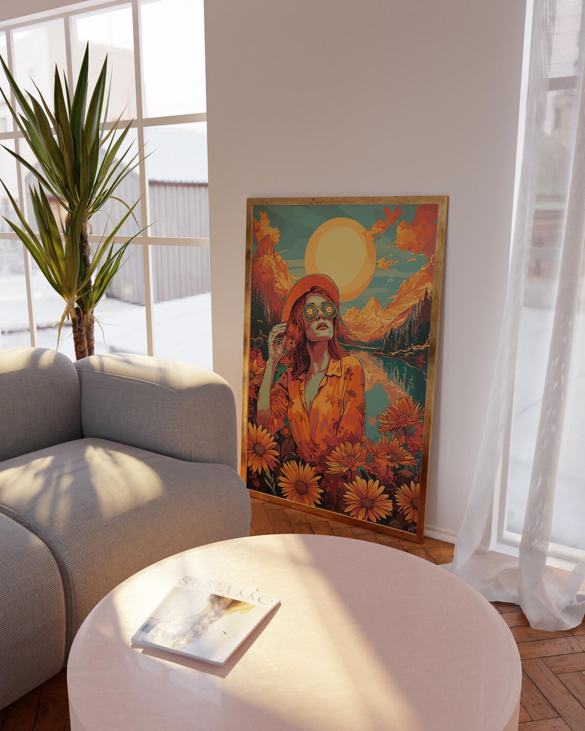 70s Woman Sun Hat Mountain Lake Sunset Retro Hippie Girl Wall Art - Image 2