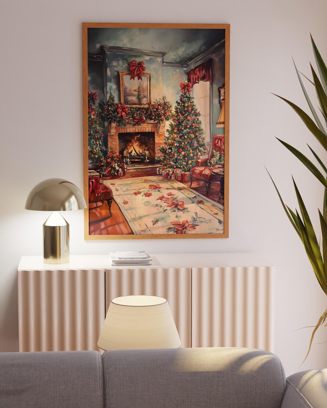 Cozy Vintage Christmas Living Room with Fireplace and Tree Painting Poster - Image 3