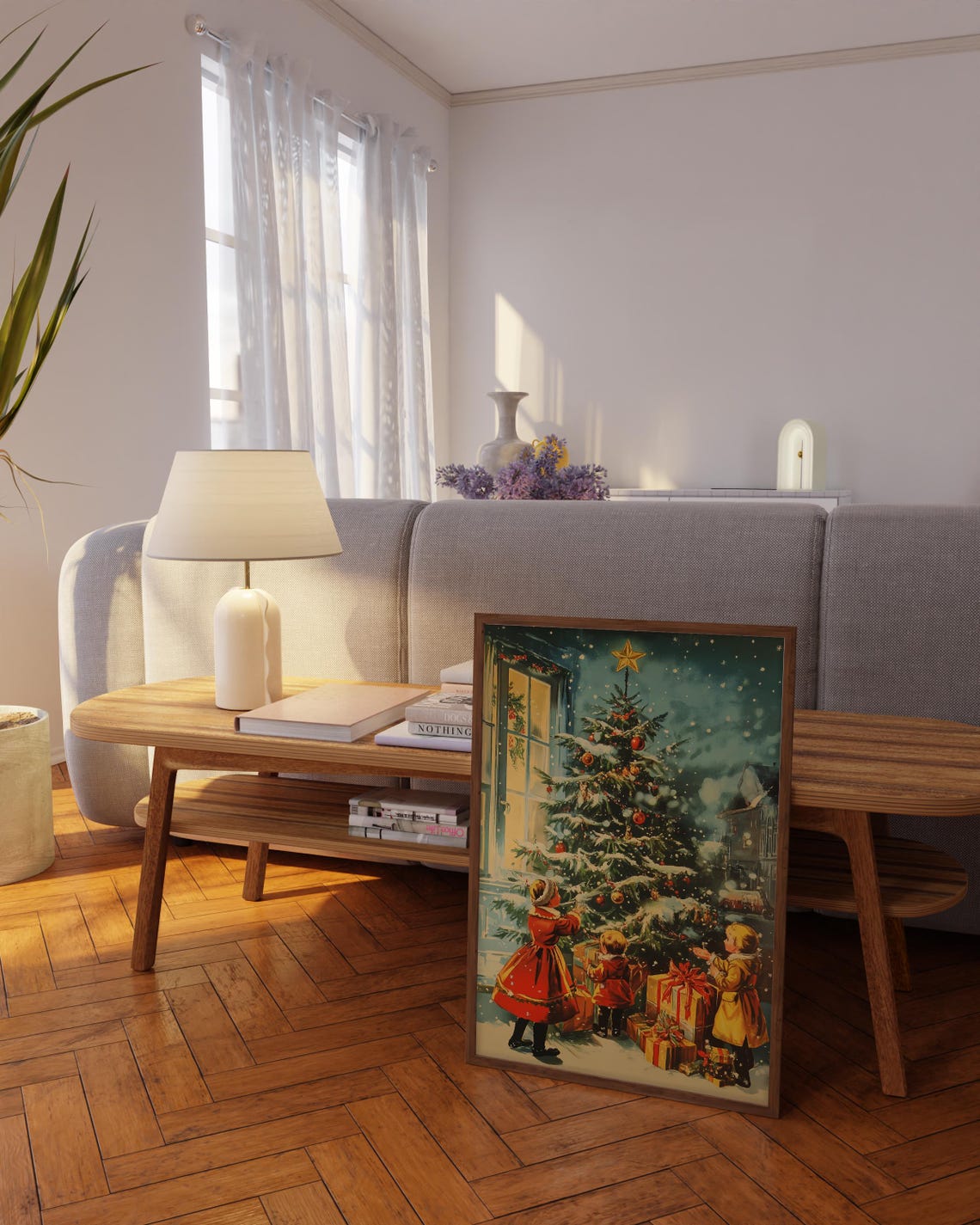 Vintage Christmas Children Around Tree Nostalgic Holiday Art Poster - Image 3