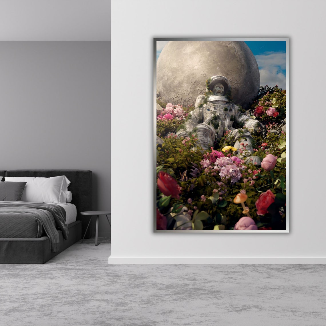 Skeleton Astronaut In Flower Field Giant Moon Surreal Art Poster - Image 3