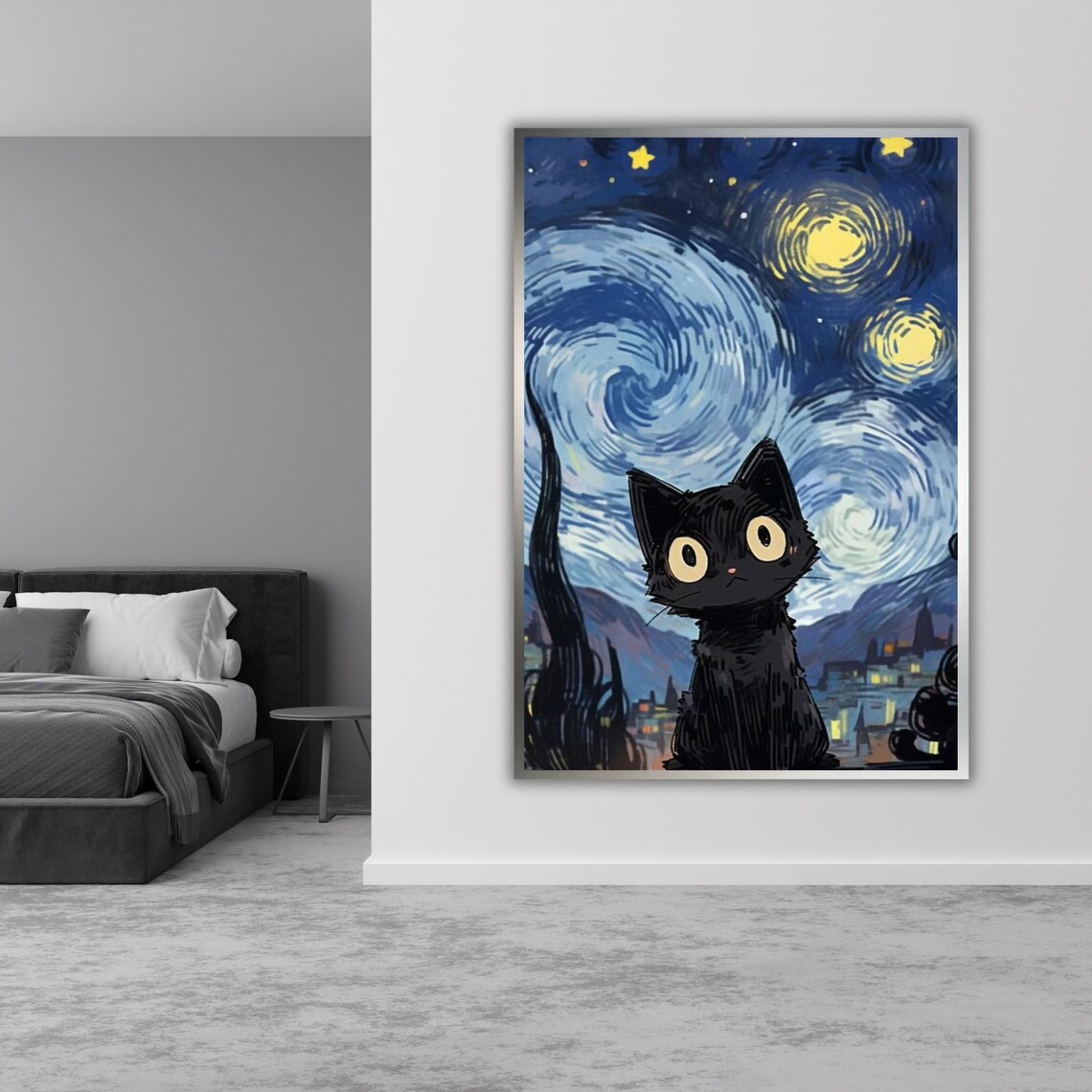 Black Cat Starry Night Van Gogh Inspired Swirling Sky Whimsical Kitty Poster - Image 3