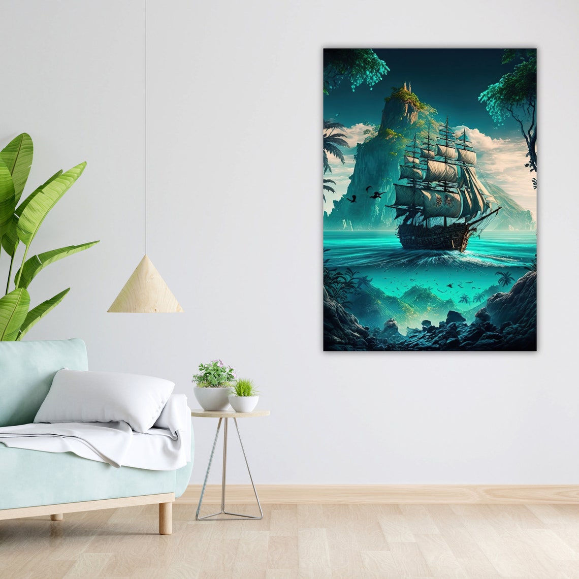 Tall Ship Turquoise Island Coral Reef Split Ocean View Poster - Image 5