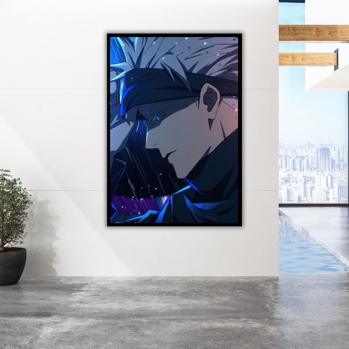 Satoru Gojo Jujutsu Kaisen Neon Blue Night Rain Anime Art Wall Poster - Image 2