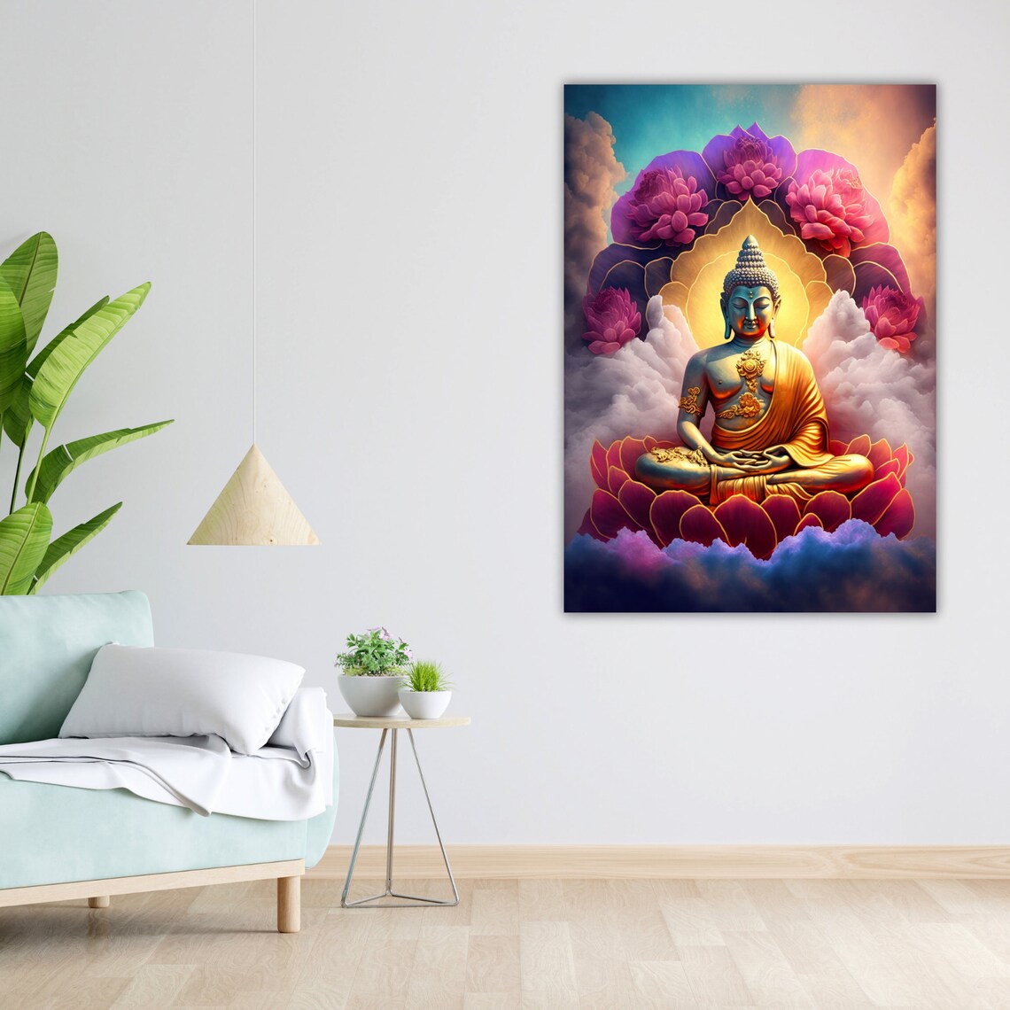 Golden Buddha Pink Lotus Clouds Radiant Spiritual Zen Art Poster - Image 2