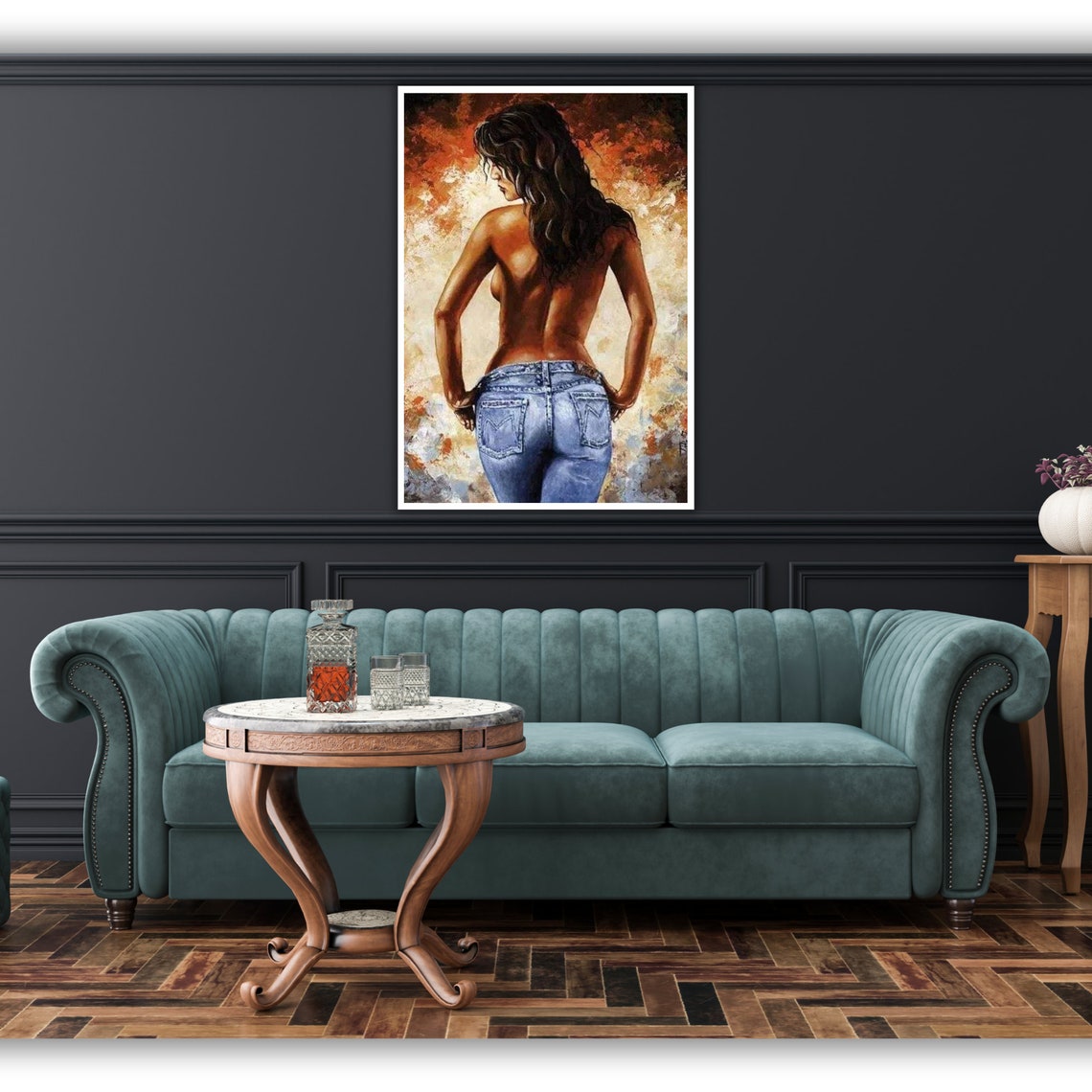 Nude Woman in Jeans Back View Warm Figurative Oil Art Poster - Image 4