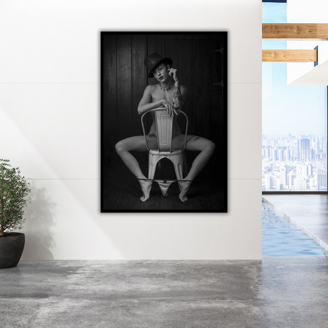 Tattooed Woman Top Hat Chair Black White Portrait Nude Art Poster - Image 3