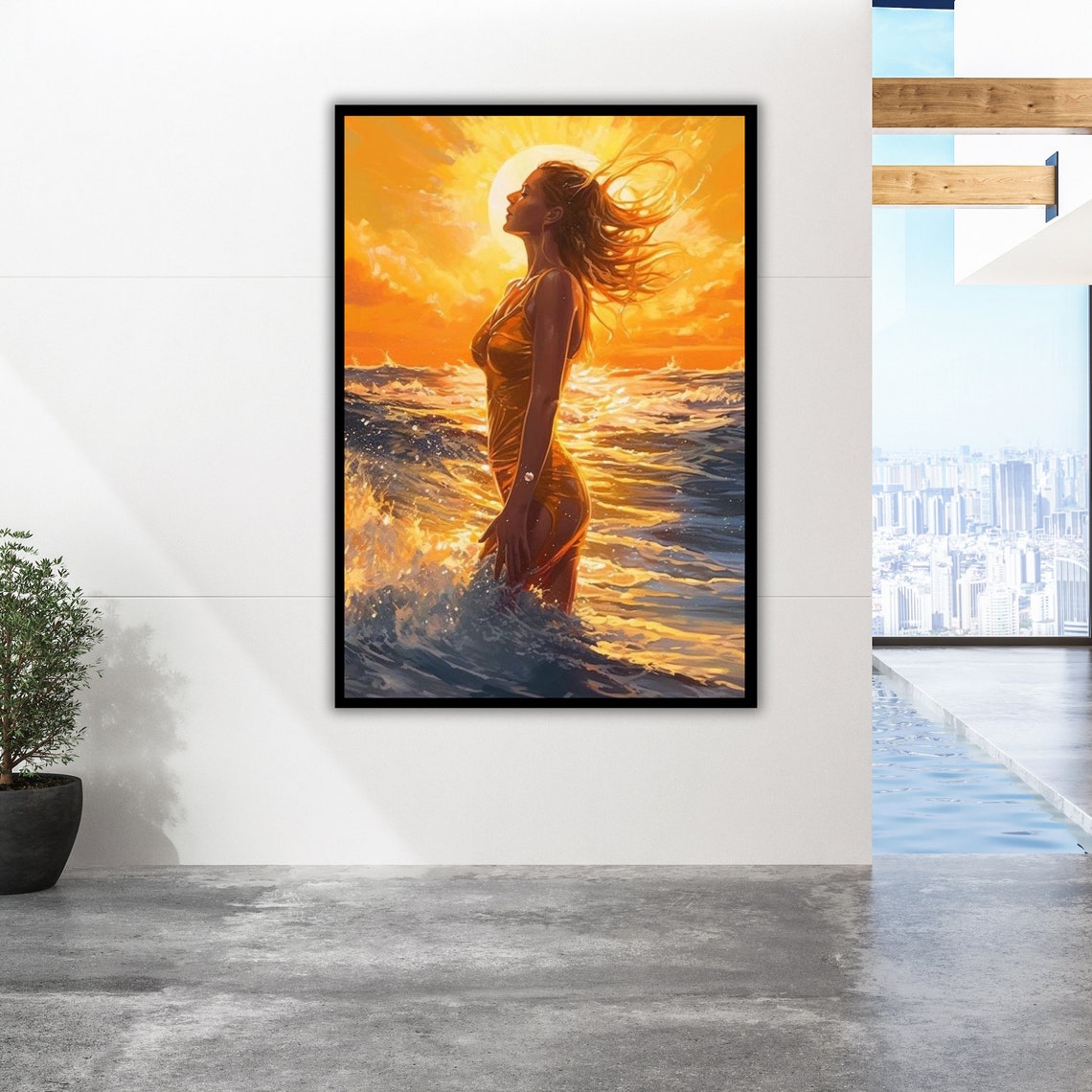 Woman in Ocean Waves Tranquil Golden Sunset Beach Art Poster - Image 2
