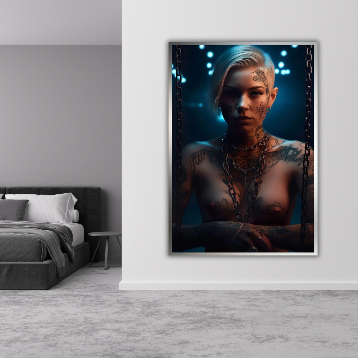 Tattooed Woman Moody Blue Dark Portrait Chains Nude Art Poster - Image 3