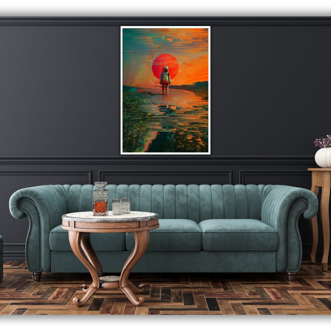 Astronaut Walking On Water Red Sunset Surreal Sci Fi Art Poster - Image 2