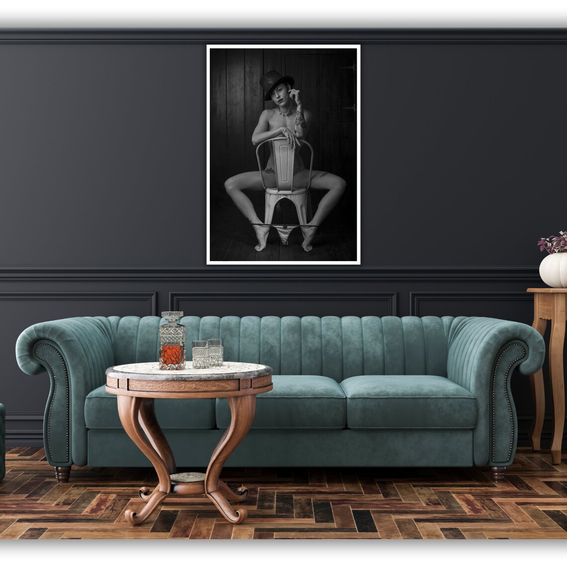 Tattooed Woman Top Hat Chair Black White Portrait Nude Art Poster - Image 2