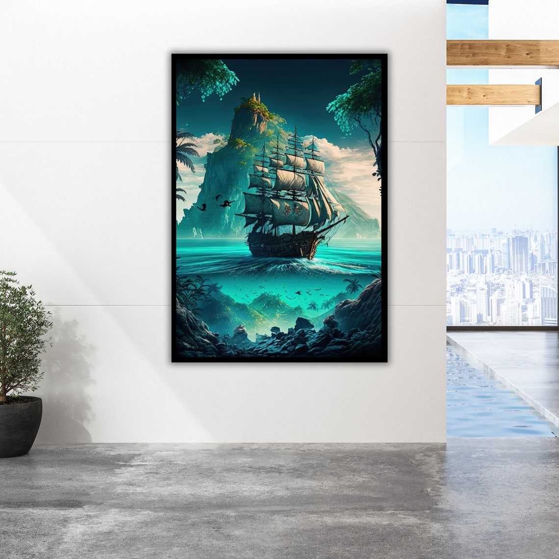 Tall Ship Turquoise Island Coral Reef Split Ocean View Poster - Image 2