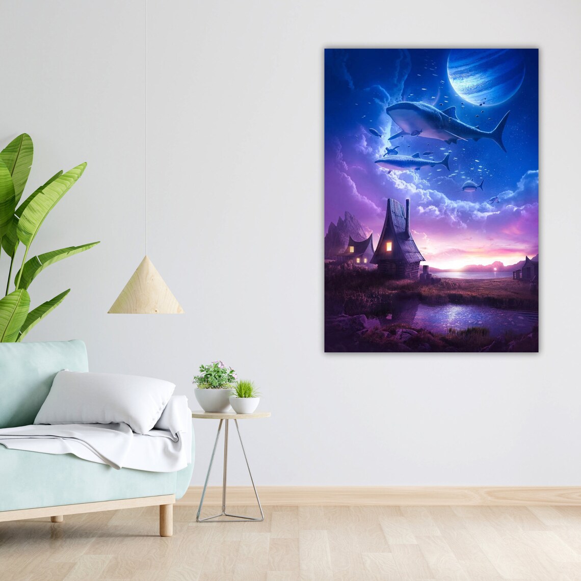 Flying Sharks Moonlit Village Giant Planet Dreamlike Fantasy Sky Poster - Image 4