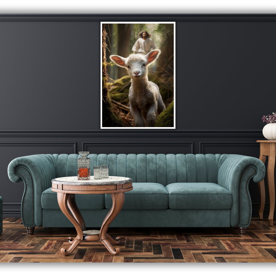 Jesus And Lost Lamb In Forest Warm Light Christian Shepherd Love Art Poster - Image 3