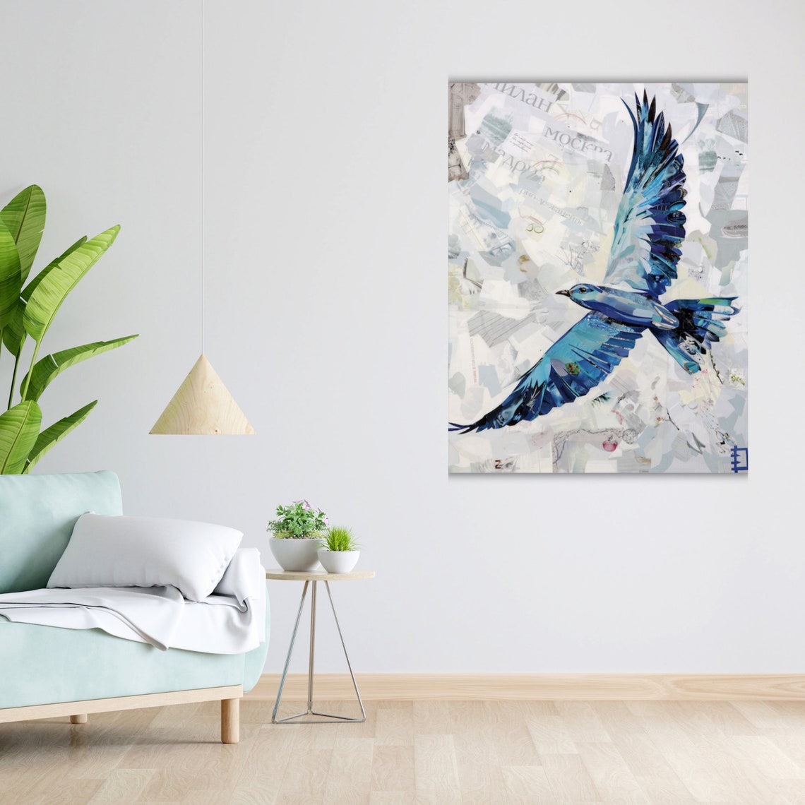 Blue Bird In Flight Mixed Media Collage Newspaper Texture Art Poster - Image 4
