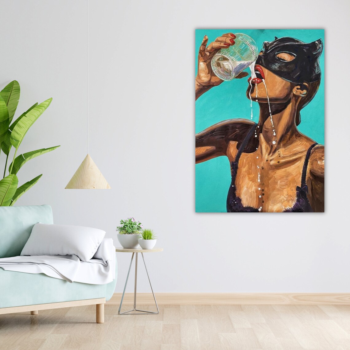 Cat Woman Drinking Milk, Modern Home Art Print - Image 4