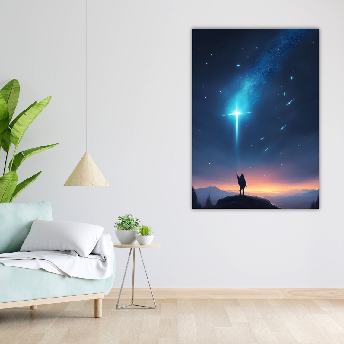 Starry Night Cross Beacon Mountain Figure Celestial Fantasy Art Poster - Image 3