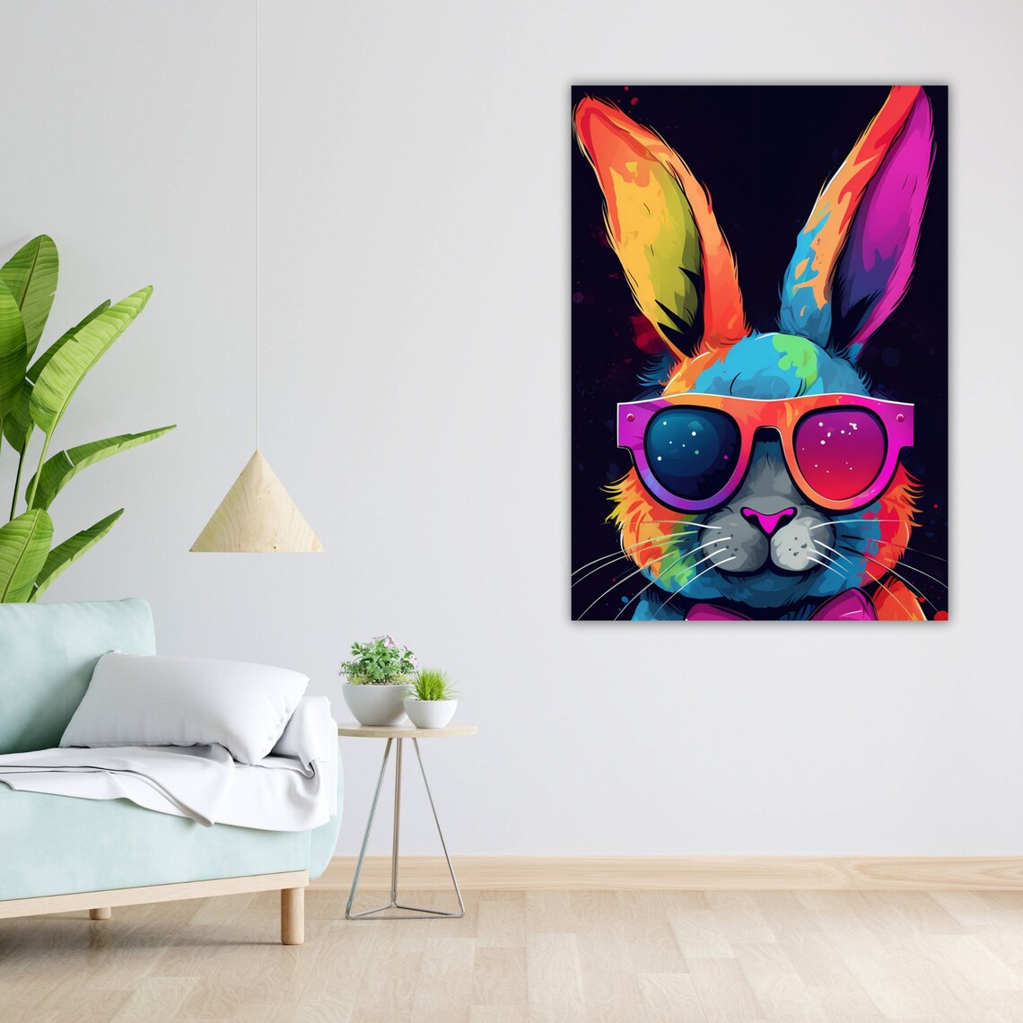 Neon Rainbow Rabbit With Sunglasses Pop Art Colorful Cool Bunny Wall Poster - Image 4