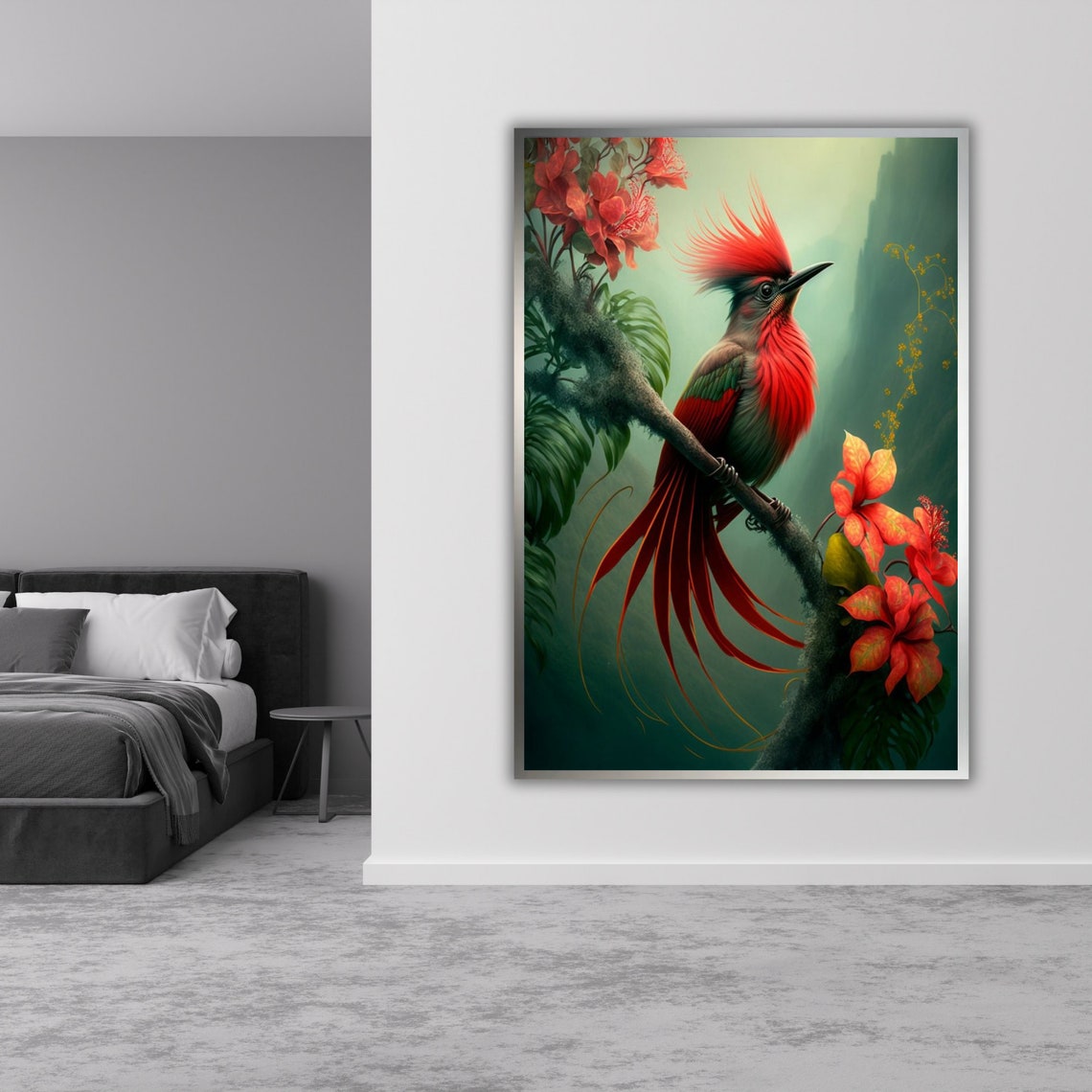Crimson Plumed Tropical Bird Perched Among Flowers Jungle Art Poster - Image 3