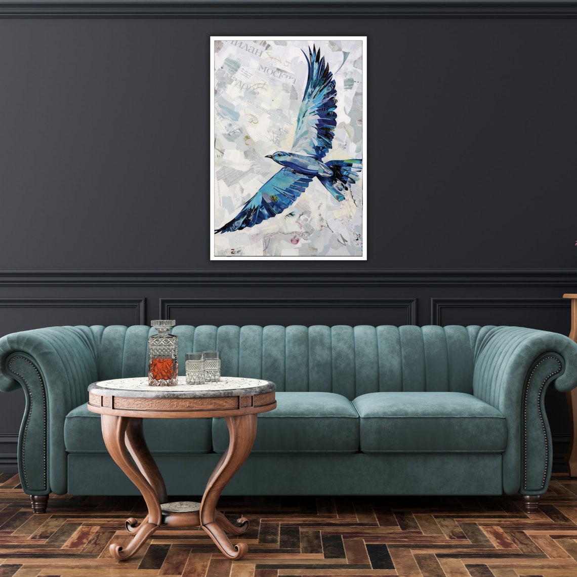 Blue Bird In Flight Mixed Media Collage Newspaper Texture Art Poster - Image 2