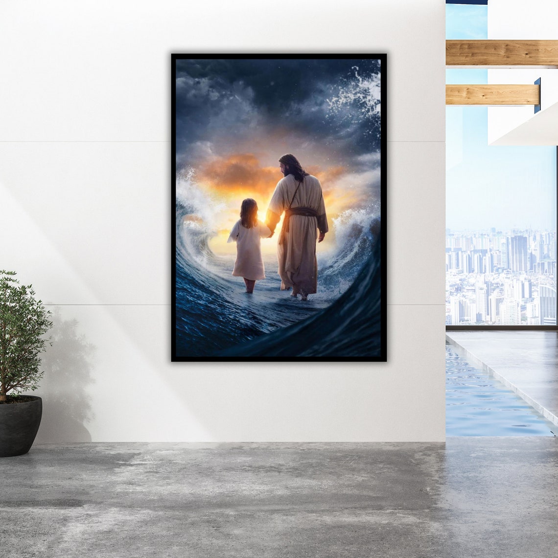 Jesus Child Walking Parted Sea Waves Sunset Dramatic Art Poster - Image 4