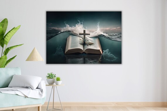 Open Bible With Wooden Cross Rising From Ocean Waves Christian Art Poster