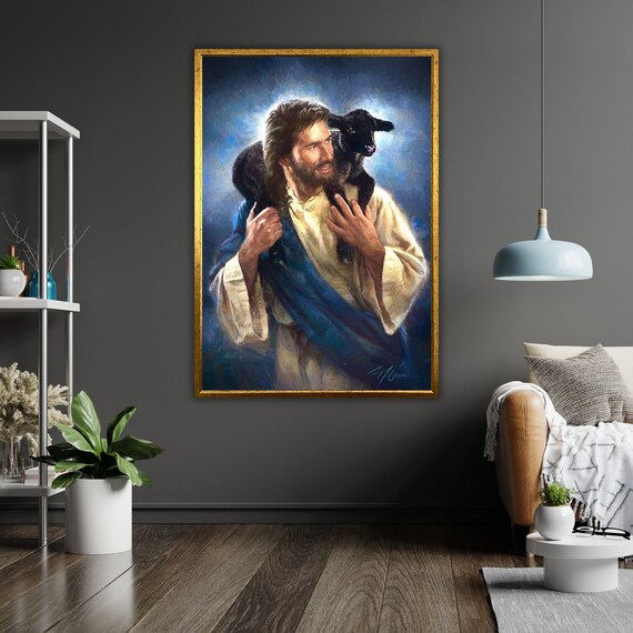 Jesus Carrying Black Lamb Shoulders Good Shepherd Oil Art Poster