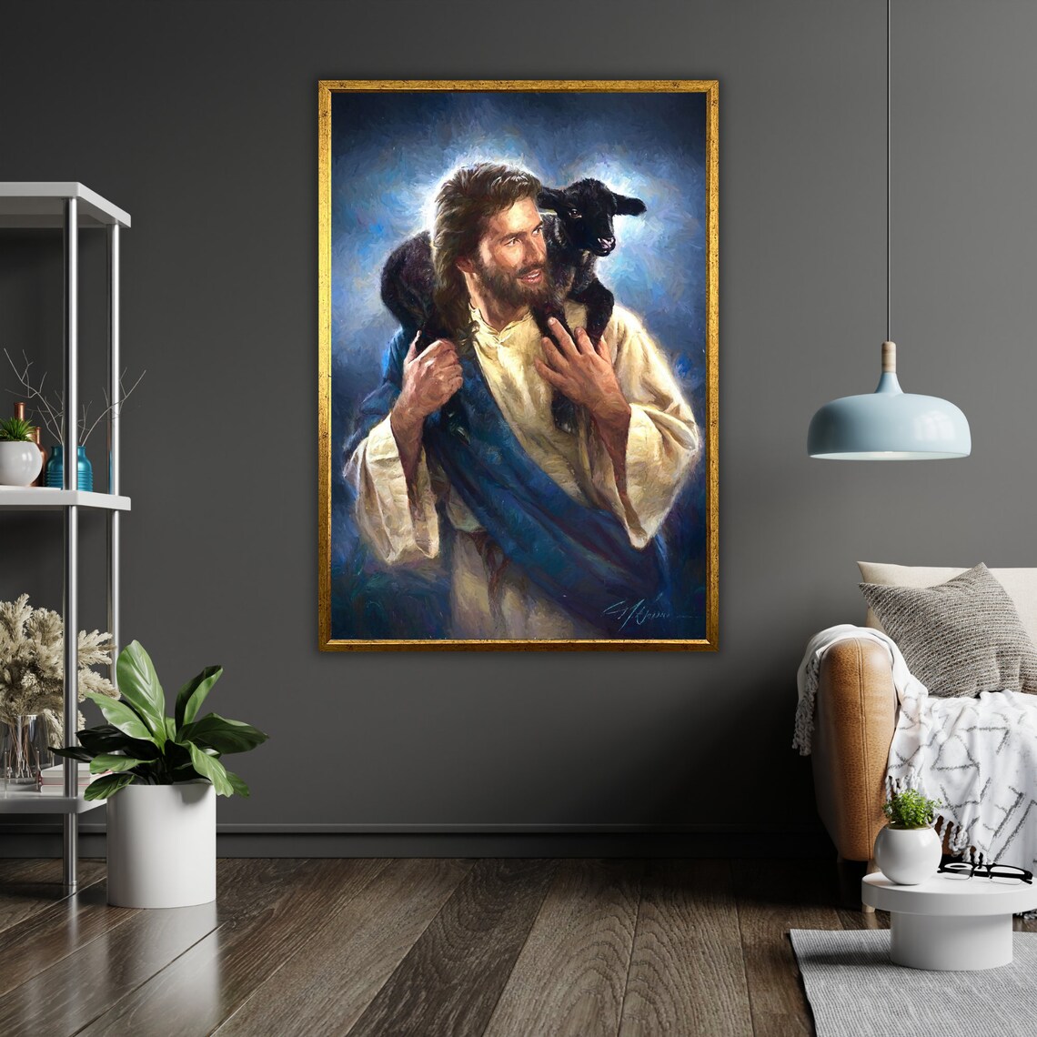 Jesus Carrying Black Lamb Shoulders Good Shepherd Oil Art Poster