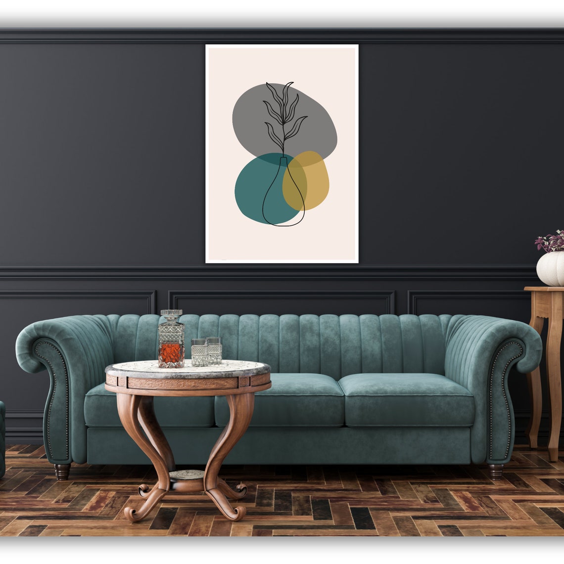 Botanical Vase Line Art Teal Gold Circles Modern Decor Poster - Image 4