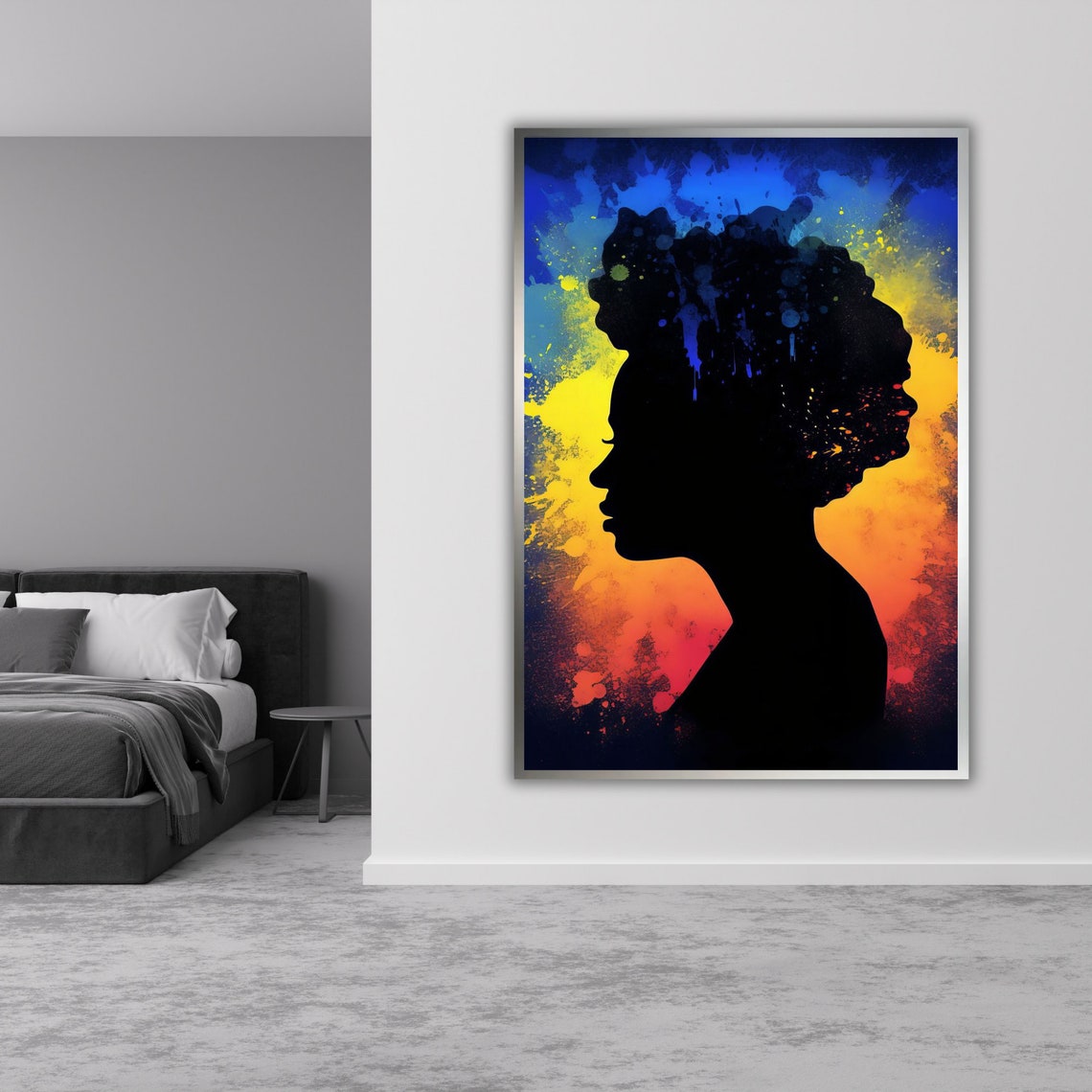 Black Woman Silhouette Blue Orange Sunset Splatter Profile Art Poster - Image 4
