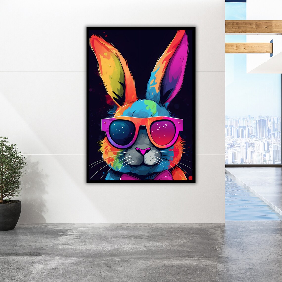 Neon Rainbow Rabbit With Sunglasses Pop Art Colorful Cool Bunny Wall Poster - Image 2